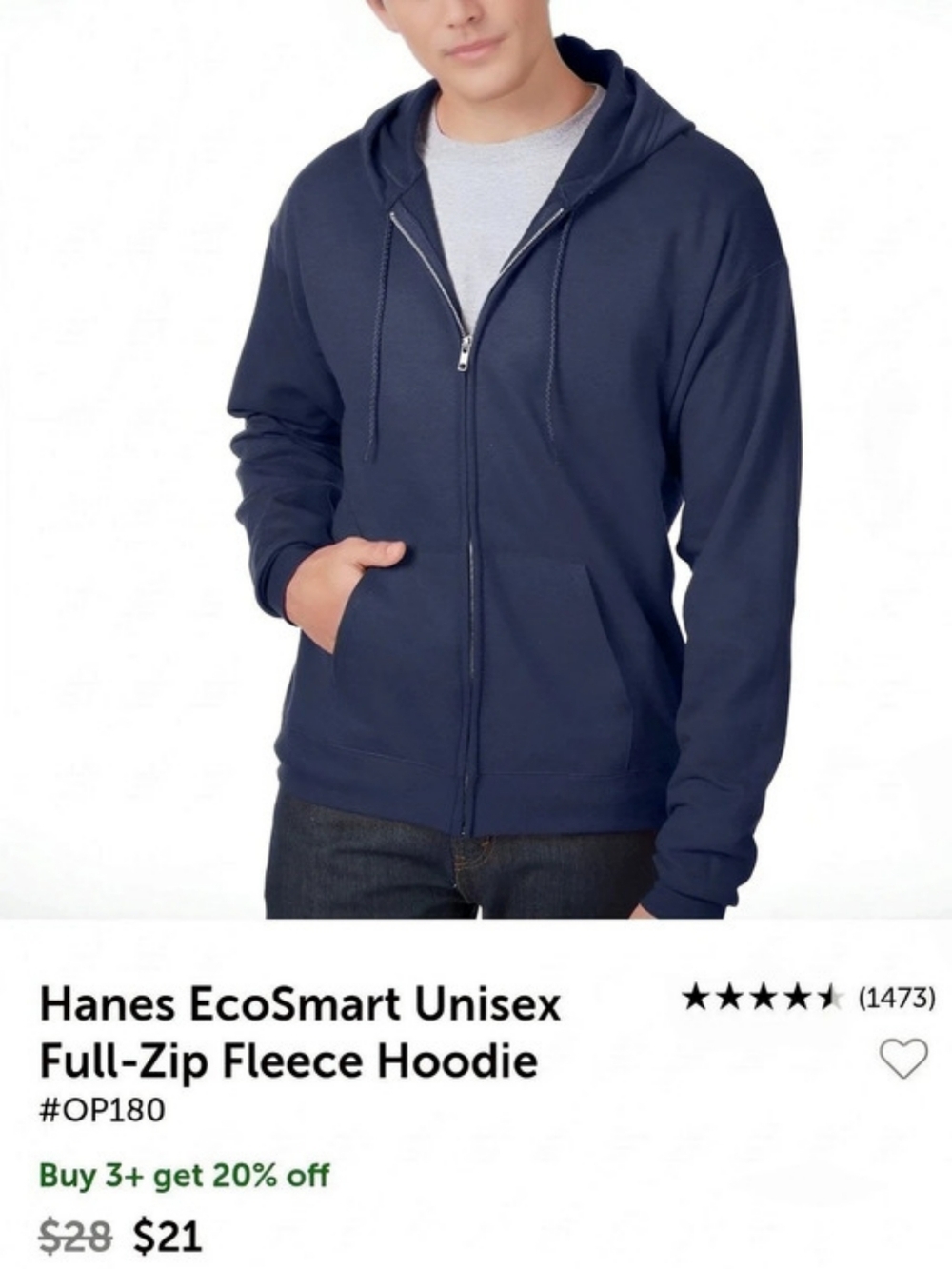 NWOT Hanes EcoSmart Unisex Full-Zip Fleece Hoodie Navy